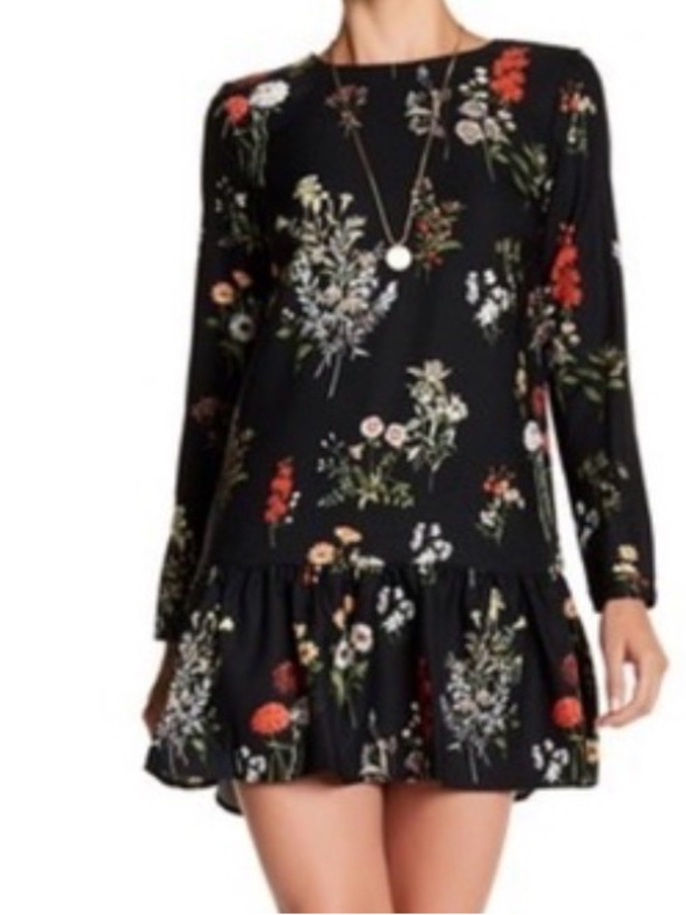 Philosophy Black Floral Long-Sleeve Ruffle-Hem Dress with White & Orange Blooms